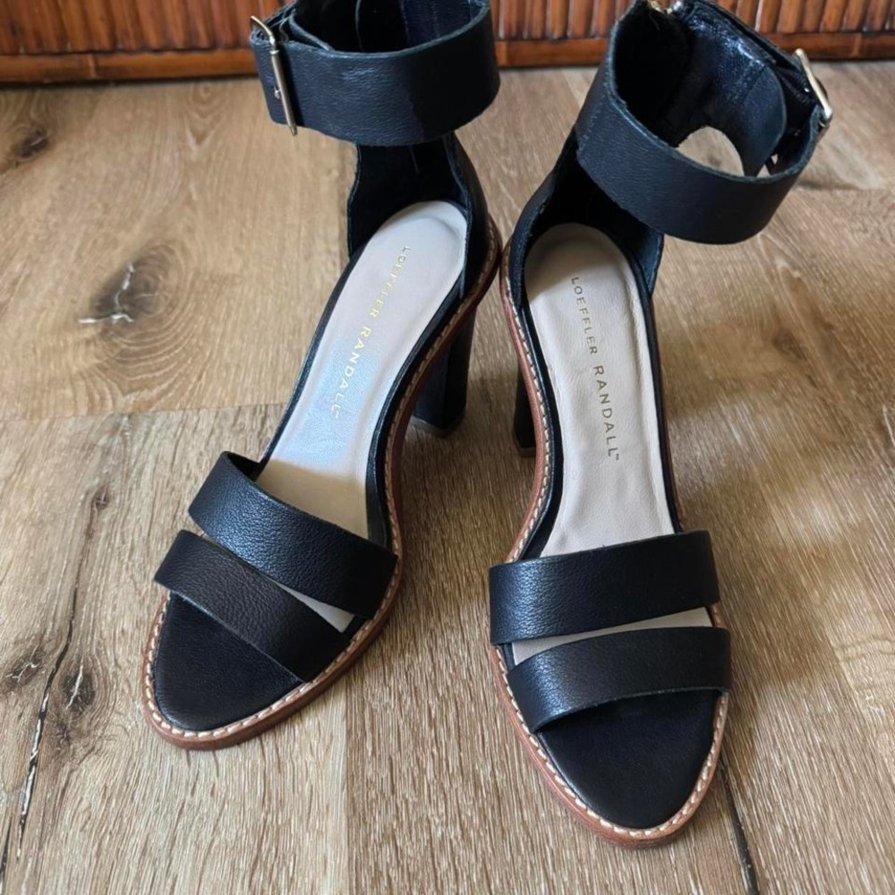 Loeffler Randal Black Women Ankle Strap Leather Sandals Size 6